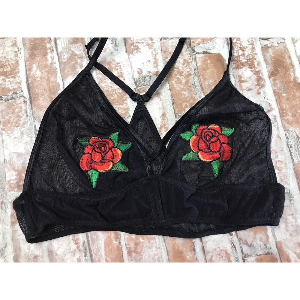 BodyRage Bra Womens Mesh Embroidered Roses Strappy Patch Size S/M Petit - Picture 2 of 4